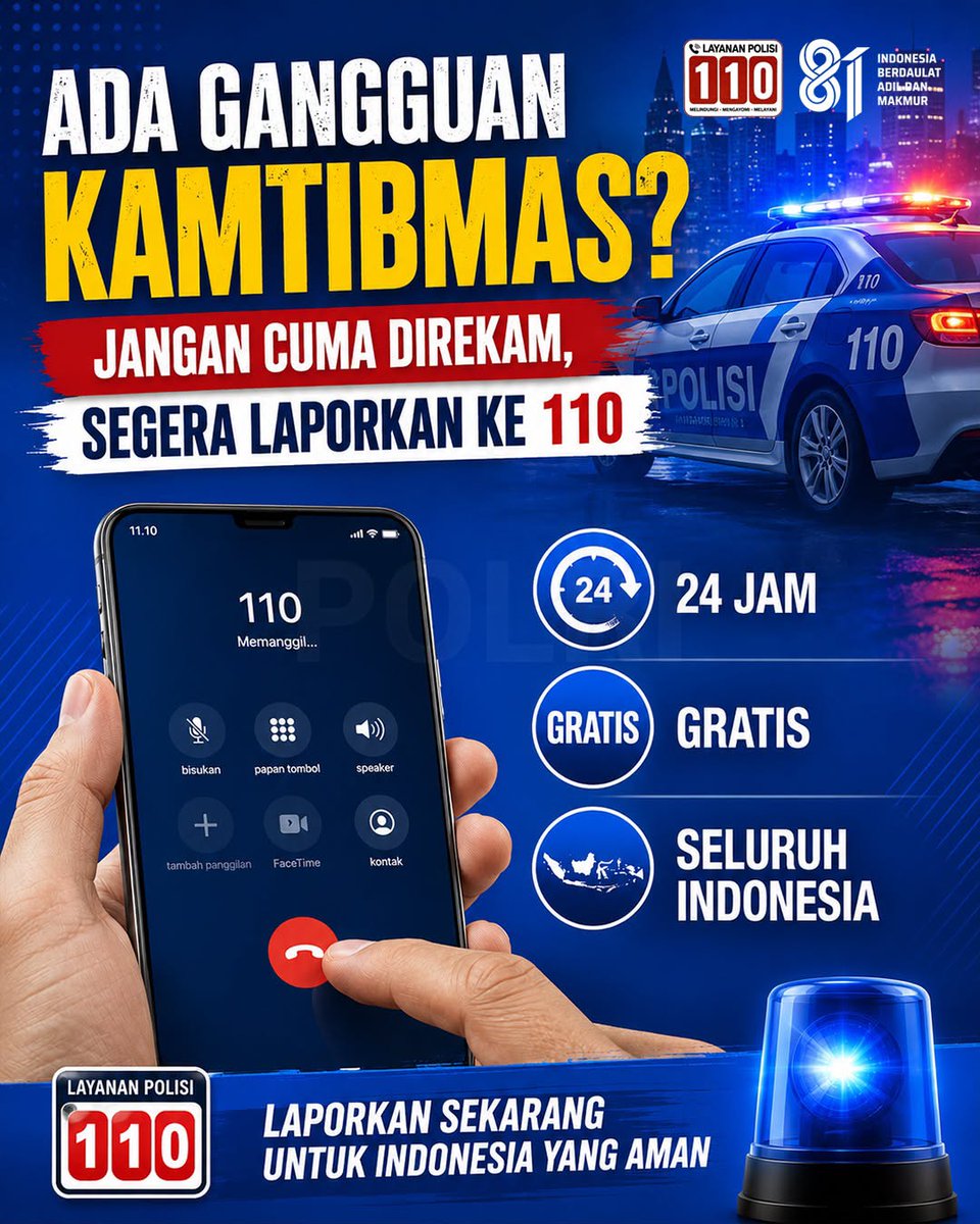KonutHumas15829's tweet photo. Kepedulian kamu bisa membantu menciptakan lingkungan yang lebih aman. Setiap laporan yang masuk akan menjadi langkah awal bagi Polri untuk hadir dan memberikan respons terbaik.

Lapor ke Call Center Polri 110, karena kepedulianmu sangat berarti. https://t.co/wysZ9ALj94