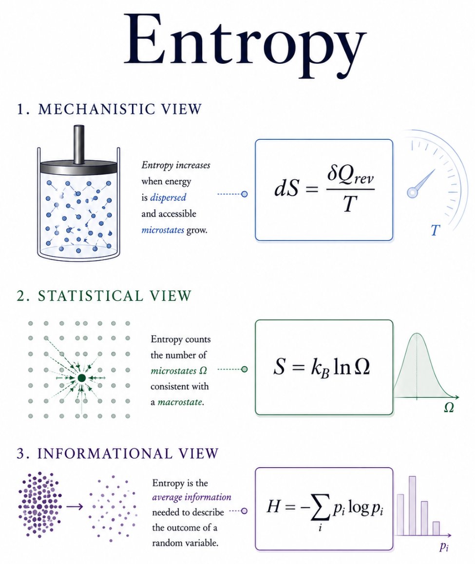 LensScientific's tweet photo. Although these equations belong to different branches of science, they describe remarkably similar ideas. 

Clausius viewed entropy through the flow of heat, Boltzmann through the multiplicity of microscopic states, and Shannon through the uncertainty of information. https://t.co/4SuUBRovBa