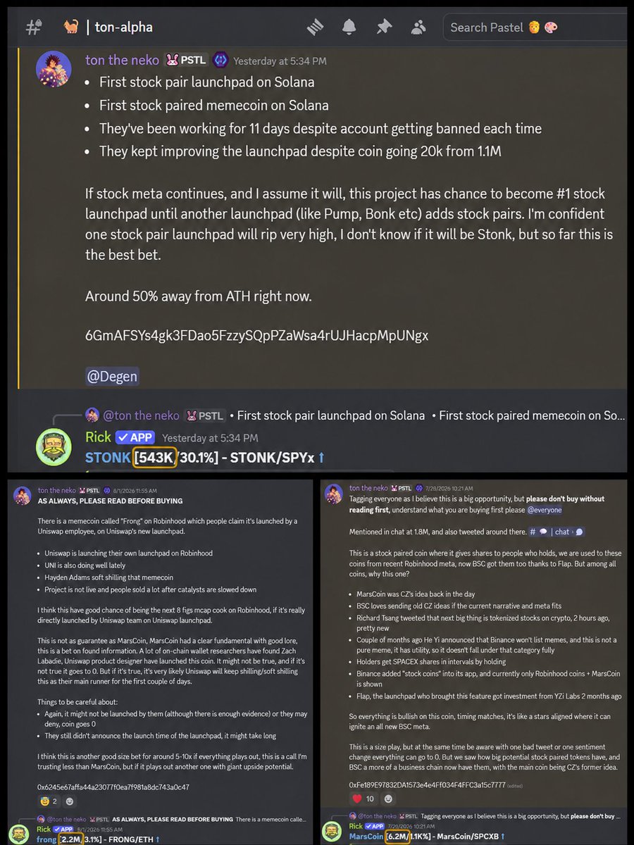 PastelAlpha's tweet photo. New day, new ATHs.

$STONK 543K > 4.5M (8x)
$FRONG 2.2M > 10.4M (5x)
$MarsCoin 6.2M > 64.1M (10x)

All 3 calls courtesy of @tontheneko https://t.co/D9yUiaOuD8