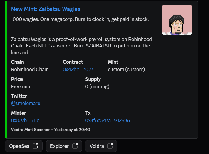 0xvoidra's tweet photo. Voidra cooked hard in the last 24h.  

2 catches. 2 absolute sends.  

- Zaibatsu Wagies by  @smolemaru sniffed at stated stage when Token #0 got minted 
$2 → $500+ at ATH  

- Merry Men by @MerryMenNFT
FREE mint → $36  

No luck. Just faster scans https://t.co/jnu6qvFvWt