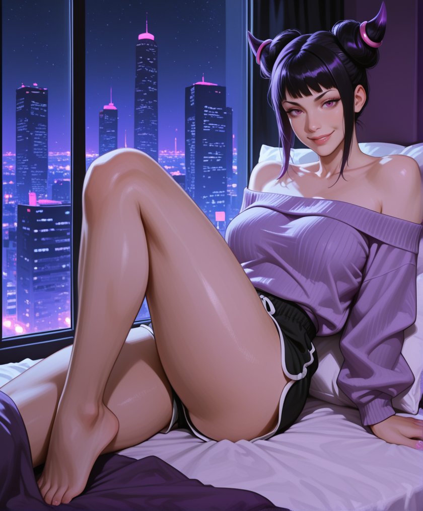 Lewdjo69's tweet photo. 💜 Juri Finally Slowed Down 💜

The fighting was finished.

The city had gone quiet.

And Juri had traded the usual chaos for comfortable clothes and a rare night in.

She still looked like she was planning trouble. ❤️

#JuriHan #StreetFighter #Anime #Lewdjo69 https://t.co/eTYylADD57