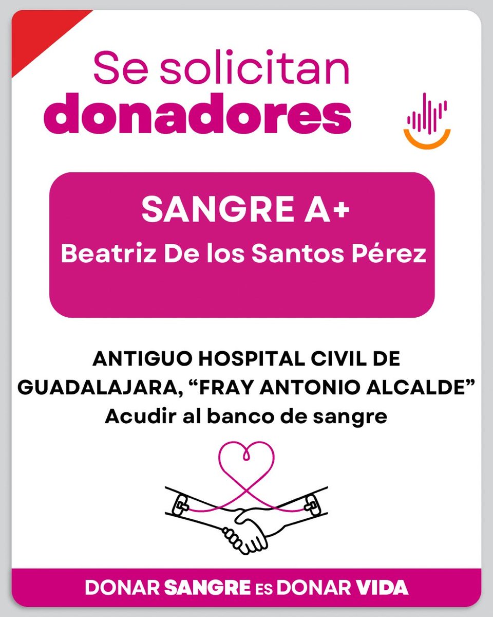 notijaliscotv_'s tweet photo. #ServicioSocial 🩸

Se solicitan tres donadores de sangre tipo A+, para la paciente Beatriz De los Santos Pérez, atendida en Ginecología del Antiguo Hospital Civil de Guadalajara, Fray Antonio Alcalde. 

Voluntarios o voluntarias tramitar su cita a través de este enlace: 
https://t.co/UAjbIHr7ff