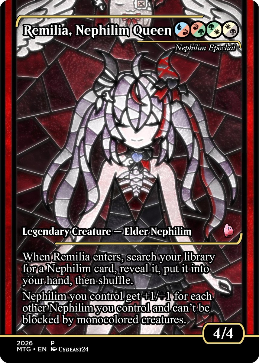Kyubikirby's tweet photo. They gave me my Nephilim commander! Nephilim Epochal lets you tutor the other nephilim on ETB! and who better to represent than Phase Connect's Nephilim, @Remilia_Nephys ! amazing art of course by @Cybeast24 . his Stained glass style is always amazing!

#remicasso
#MtVtuber https://t.co/EzUfRxpzwj