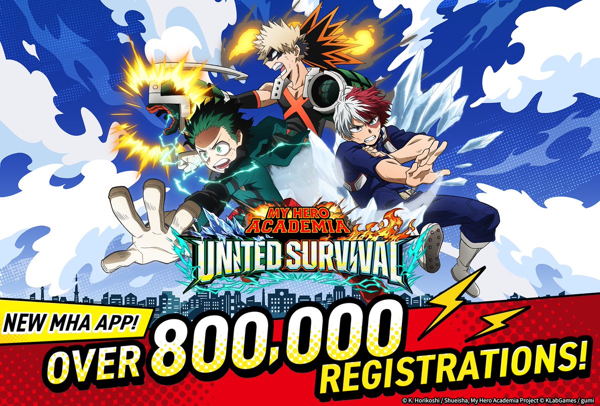 KLab_EN's tweet photo. New "My Hero Academia" Anime Game App "My Hero Academia UNITED SURVIVAL" Surpasses 800,000 Pre-Registrations! Additional Rewards Confirmed
—Launching Tomorrow, August 6!
https://t.co/wOI3pQXoGD
@MHA_HS_en https://t.co/hOtLdv8iBA
