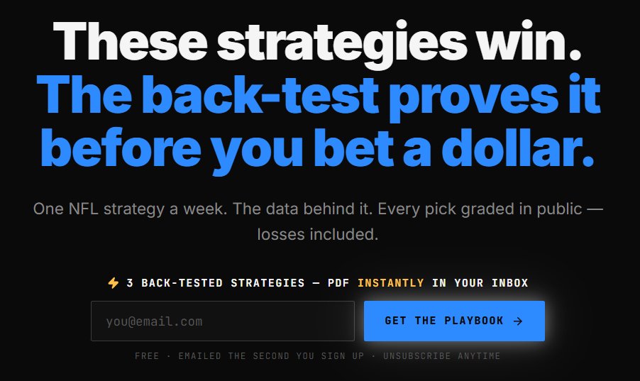 ThePlaybookIQ's tweet photo. Go sign up (free) and instantly get 3 back-tested strategies that had great ROI over the last 2 NFL seasons! ✨✨

https://t.co/lisIXHaJyi https://t.co/g9xi0mGo3m