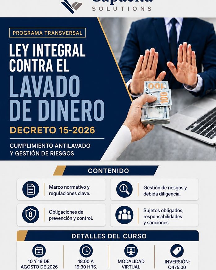 gtpromos's tweet photo. 📌💰 Cumplimiento Ley Integral del lavado de Dinero. Incluye: Diploma y Materiales Digital. CapacitaGt.
Más información: https://t.co/Whc9AEiyCa
#TraficoGT #climagt #guate #CAES #transitomixco https://t.co/zMvl0ceE95