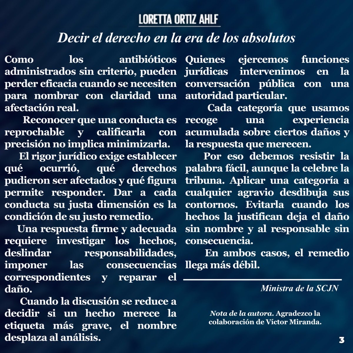 lorettaortiza's tweet photo. "Decir el derecho en la era de los absolutos". ⚖️

En mi columna de esta semana para @El_Universal_Mx reflexiono sobre la responsabilidad que tenemos quienes ejercemos funciones jurídicas de usar con cautela las palabras.

En tiempos donde las redes sociales premian las expresiones más contundentes y sin matices, el derecho nos exige usar las palabras con rigor. 

📰 Les invito a leer la columna completa.