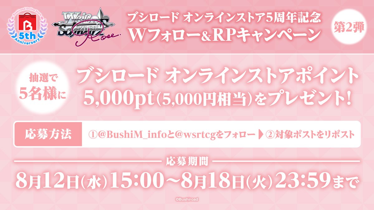 BushiM_info's tweet photo. ／
🎂8月18日23:59まで🎉
＼
　
#BOS5周年 記念
Wフォロー＆リポストキャンペーン
　
抽選で5⃣名様に
#ブシロードオンラインストア で使える
5,000pt（5,000円相当）が当たるキャンペーン実施中！
　
【詳細】は固定ポストをチェック✨
　
#WSR https://t.co/wvycmSbETC
