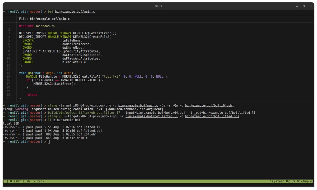 C5pider's tweet photo. Finally got around to getting a working PoC of my native object file to LLVM IR lifter. 

Started this small side-project to see how far can I push my own VM tech and perhaps transpiling existing tradecrafts, executables and post-ex toolings by simply lifting them up to LLVM IR via remill (by @trailofbits) and have them being recompiled into a format of my choosing such as my bytecode or even perform other passes on the IR and back to it's original format. 

Still WIP but as least the lifting and recompilation works flawlessly. FYI the original obj file does not have the LLVM bitcode embedded, I want it to work on any native formats but for now object files should be sufficient 🙃