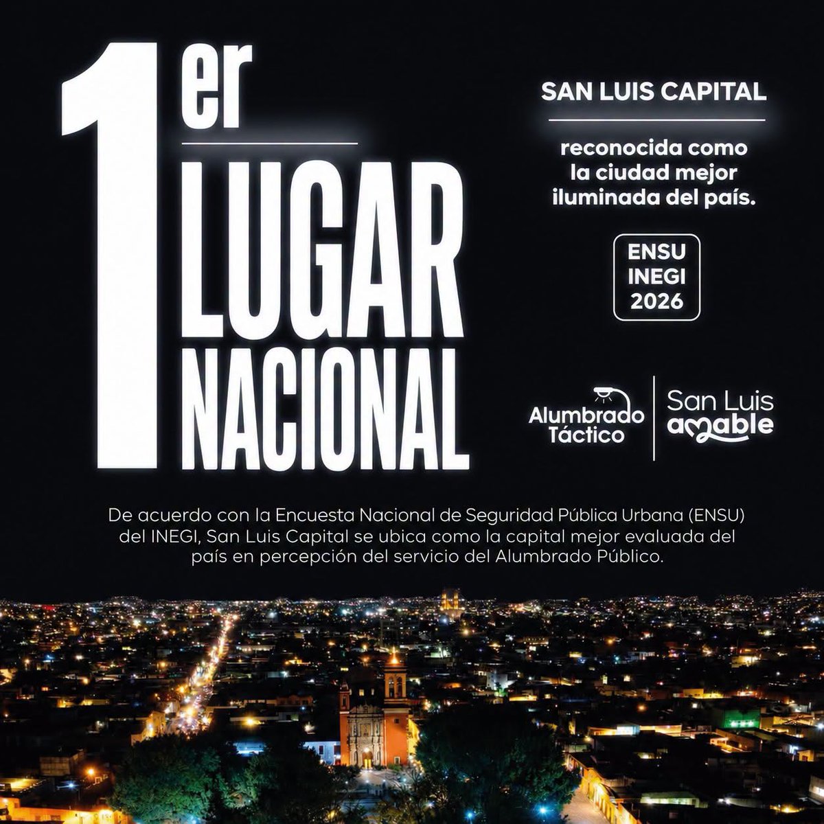 EF_Galindo's tweet photo. 💡 San Luis Capital sigue brillando.

🏆 Somos 1er lugar nacional en percepción del servicio de alumbrado público, de acuerdo con la ENSU 2026 del INEGI. Un reconocimiento al trabajo de Alumbrado Táctico para construir una ciudad más segura y mejor iluminada. https://t.co/GrLjP9AyXF