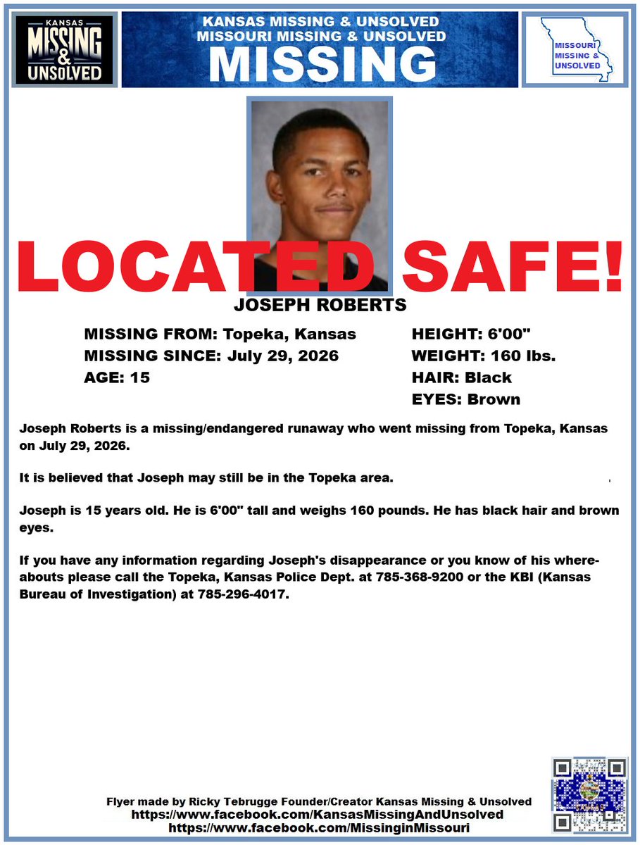 KansasMissing's tweet photo. JOSEPH HAS BEEN #LOCATED SAFE!!! THANK YOU TO ALL WHO SHARED HIS FLYER!!!

#KansasMissing
#KansasMissingPerson
#MissingInKS
#MissingInKansas
#MissingKansan
#Topeka
#Kansas
@AnnetteLawless https://t.co/yLqAJg8Rc9