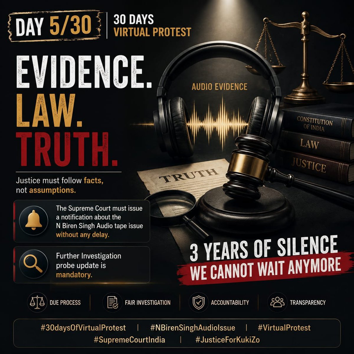 PaulMate6's tweet photo. Day 5/30 | Three Years of Silence

Three years have passed. We respectfully call for a notification and an update on the investigation.

Check comment for more details 

#30daysOfVirtualProtest
#NBirenSinghAudioIssue 
#VirtualProtest
#SupremeCourtIndia
#JusticeForKukiZo https://t.co/6Qe5OxY29k
