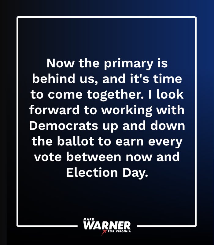 MarkWarnerVA's tweet photo. I’m proud to be on the ballot in Virginia this November alongside an exceptional Democratic ticket. Now it’s time to come together, roll up our sleeves, and fight to earn every vote between now and Election Day! https://t.co/Yq7GRXxPdq