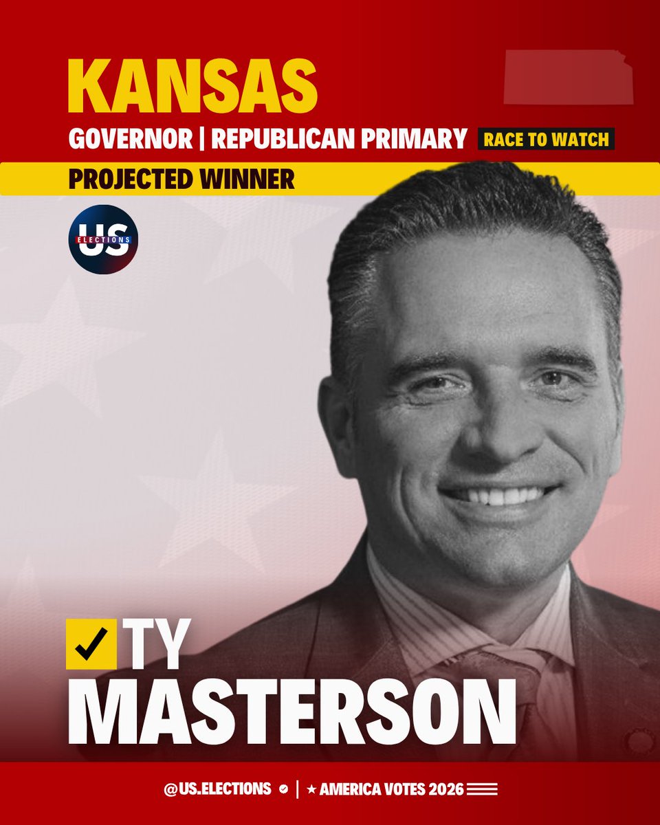 us_electionshq's tweet photo. ✅ PROJECTION | @us_electionshq projects State Senate President Ty Masterson to win the Republican Primary for Governor in Kansas. https://t.co/rguU5J4gFL