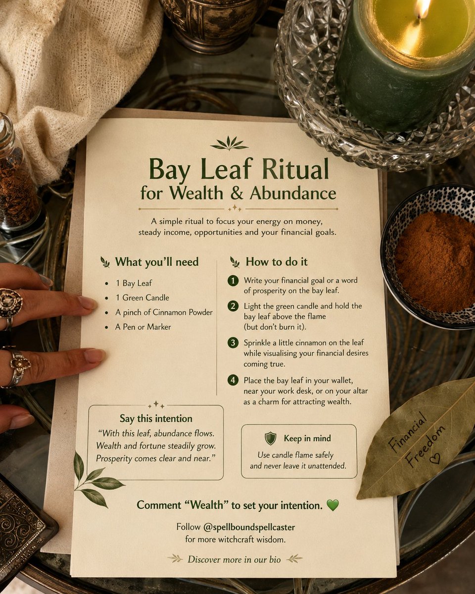 belindarituals's tweet photo. Does your money goal need a clearer name? 🌿
A bay leaf ritual grounds focus on income. Write a goal on a leaf, add green candle and cinnamon, and keep it by your desk. Use flames safely.
https://t.co/zV0iUwAtds
#lovespells #witchcraft https://t.co/9hKNp8pVj0