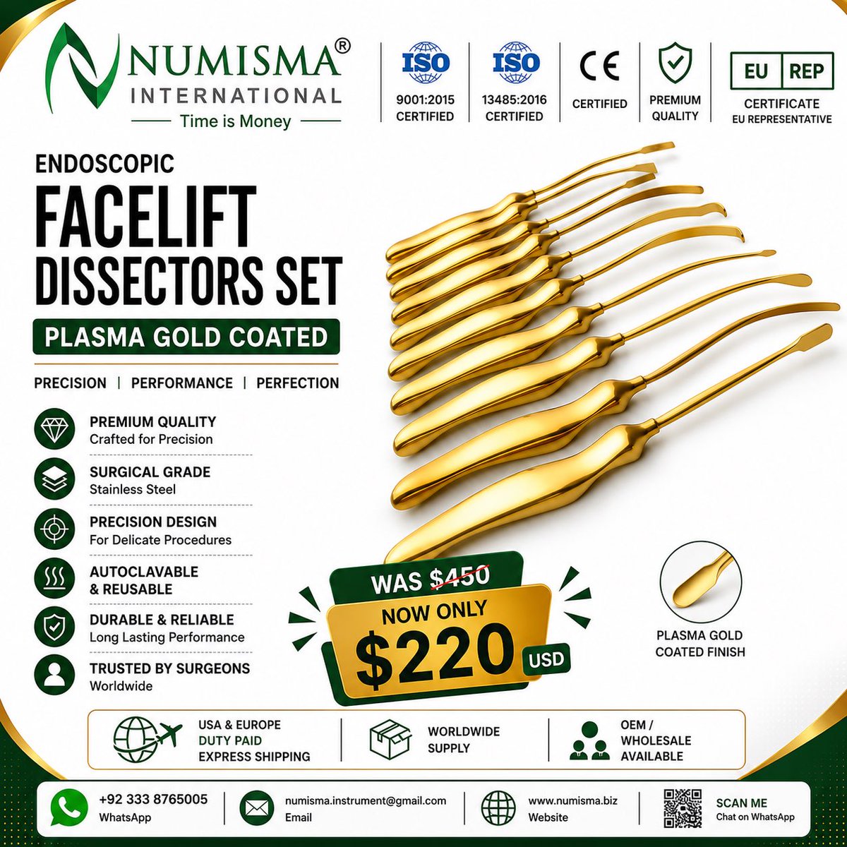 numismainst's tweet photo. ✨ Endoscopic Facelift Dissectors Set – Plasma Gold Coated
• 💰 Special Offer: Was $450 – Now Only $220 USD
• OEM &amp; Wholesale Orders Welcome | Worldwide Shipping Available

#EndoscopicFacelift #PlasticSurgeryInstruments #SurgicalInstruments #MedicalDevices #NumismaInternational https://t.co/QGwiWG0Shf