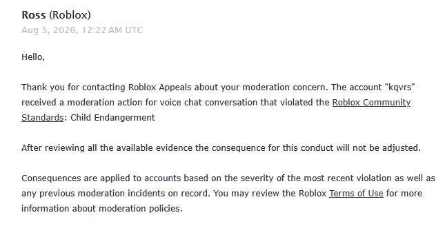aelithyra's tweet photo. ??? does anyone know how to appeal this cause genuinely i didnt even use vc recently at all i only used text chat and i rarely use vc btw so this makes zero sense.. hopefully this is just a banwave 
-
-
-
#Roblox #flamingo #albertsstuff #RobloxBan #robloxbug #banwave @Roblox https://t.co/NANBERRlhi
