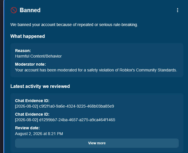 aelithyra's tweet photo. ??? does anyone know how to appeal this cause genuinely i didnt even use vc recently at all i only used text chat and i rarely use vc btw so this makes zero sense.. hopefully this is just a banwave 
-
-
-
#Roblox #flamingo #albertsstuff #RobloxBan #robloxbug #banwave @Roblox https://t.co/NANBERRlhi