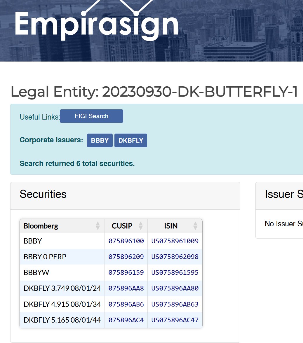 UCopy417's tweet photo. $BBBY $BBBYQ 2 weeks ago, first image shown all 13 securities including $DKBFLY bonds and now I just checked the link after $BBBY ticker is going to get changed to $NXH today, And now the former $OSTK & $BYON shows their own ticker ONLY! and $DKBFLY shows their own bonds and $BBBY ticker now and $BBBY warrants!!
It seems like they have now seperated each other! 
*DK-Butterfly: https://t.co/hmjveC6zKN
*BBBY: https://t.co/3OHDEpOUR8