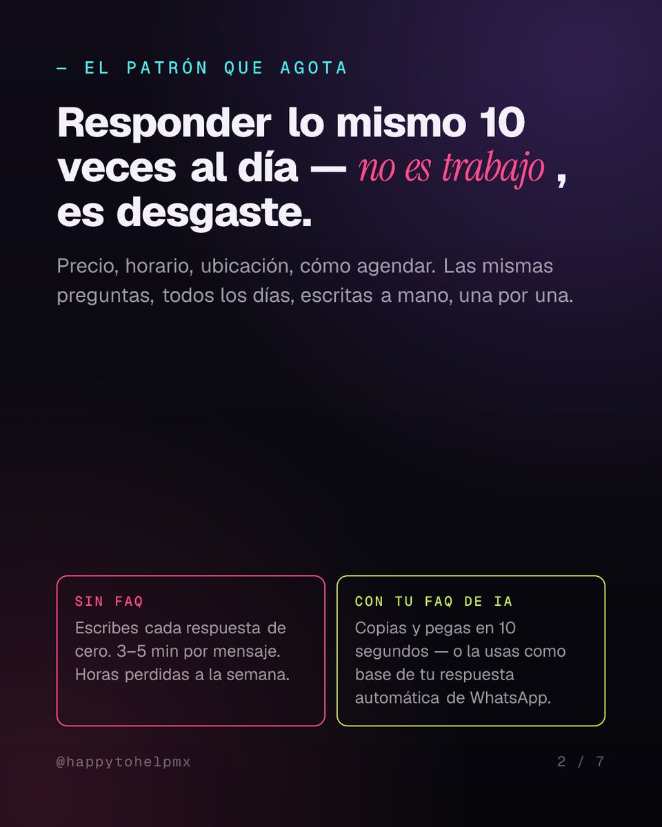 HappyToHelpMx's tweet photo. ¿Cuántas veces al día escribes la misma respuesta en WhatsApp?

En 20 min con IA creas una FAQ lista para copiar y pegar — o activarla de respuesta automática.

El flujo de 4 pasos está en Instagram 👇

Comenta FAQ ahí y te mando el prompt #IA #NegociosMX https://t.co/vF7FAPdHIb
