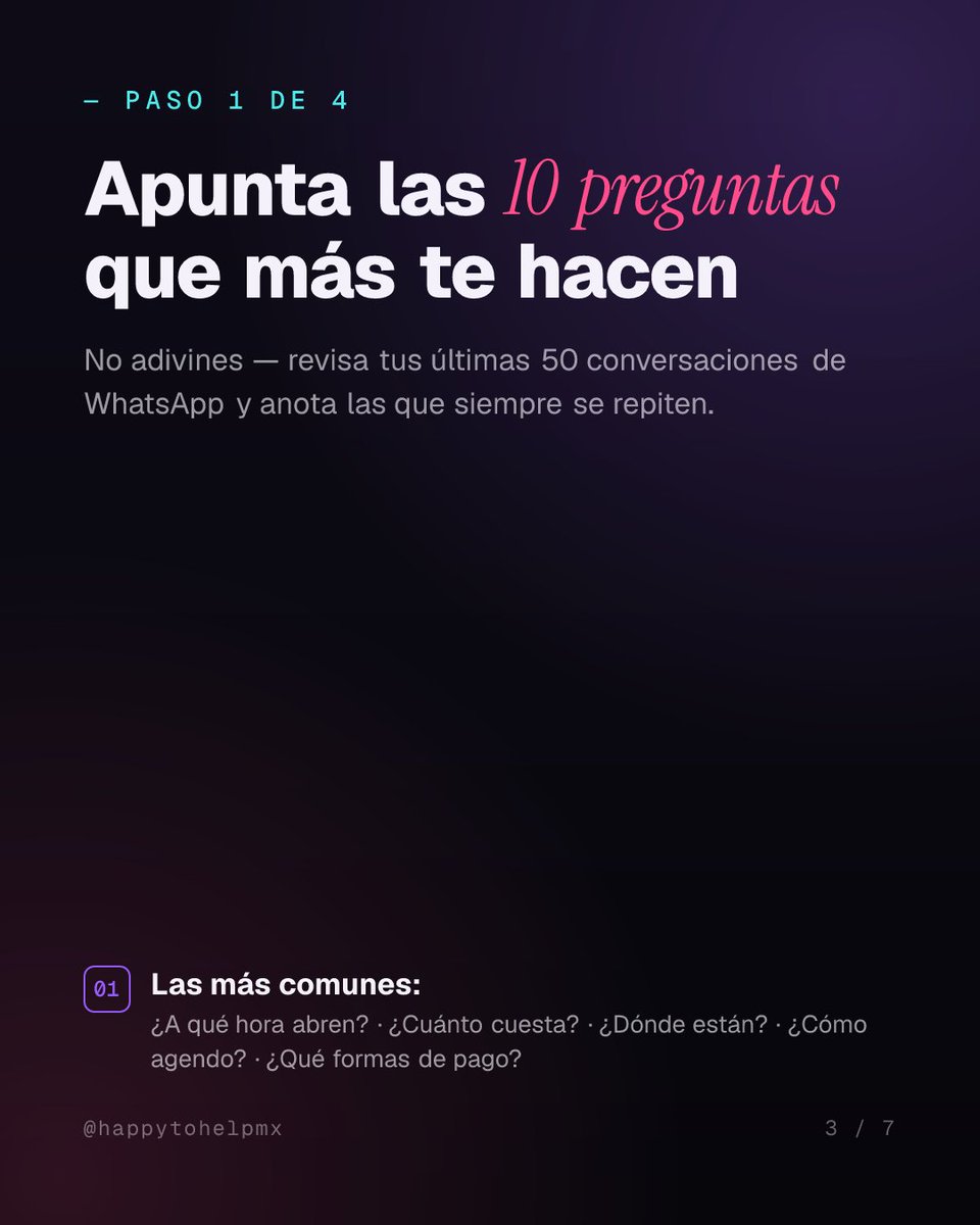 HappyToHelpMx's tweet photo. ¿Cuántas veces al día escribes la misma respuesta en WhatsApp?

En 20 min con IA creas una FAQ lista para copiar y pegar — o activarla de respuesta automática.

El flujo de 4 pasos está en Instagram 👇

Comenta FAQ ahí y te mando el prompt #IA #NegociosMX https://t.co/vF7FAPdHIb