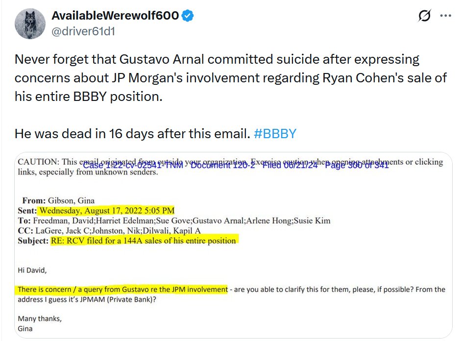 driver61d1's tweet photo. Remember when Gustavo Arnal allegedly committed suicide 16 days after expressing concerns about JPM's involvement in how BBBY's board will handle Ryan Cohen? 

I remember. $GME $BBBY https://t.co/kisZ7EDUrR