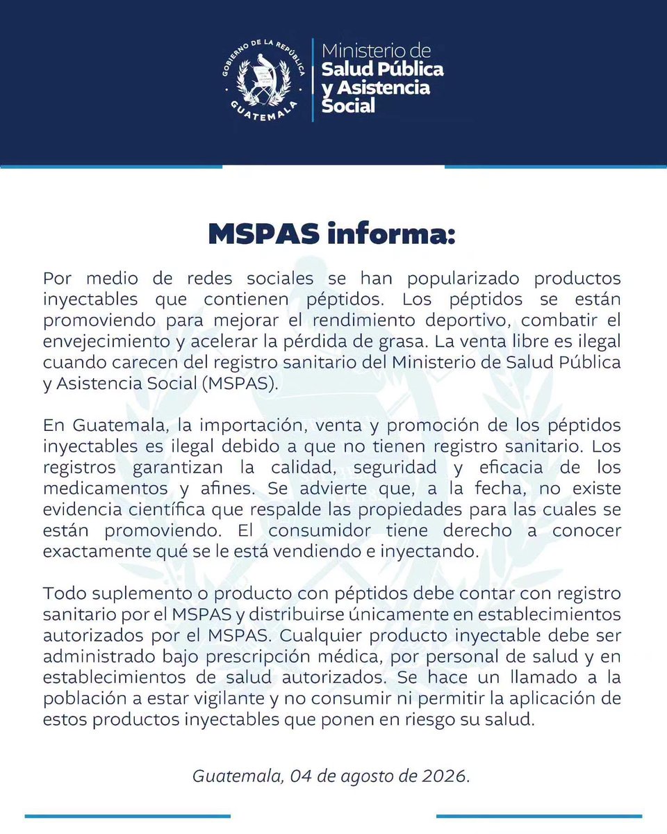 CofaquiGuate's tweet photo. ๐จ ๐๐ง๐๐ก๐๐๐ขฬ๐ก
Compartimos un comunicado del @MinSaludGuate, por medio del cual se alerta sobre productos inyectables que contienen pรฉptidos en Guatemala.
#SoyCOFAQUI https://t.co/5yPJqdWKrg