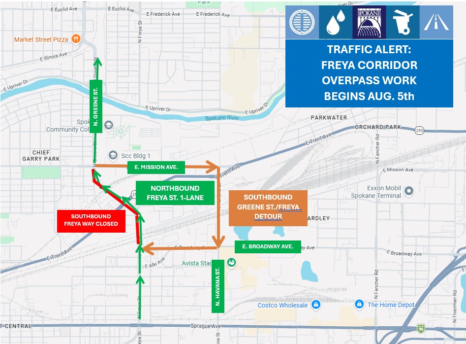 SpokaneCity's tweet photo. Crews will begin work on the Freya St. railroad overpasses tomorrow, Aug 5. The southbound lanes of Freya Way/Freya St. will be closed between Mission Ave. and Broadway Ave. Northbound lanes of Freya St./Freya Way will be reduced to one lane between Broadway Ave. and Mission Ave. https://t.co/42kznvjRc9