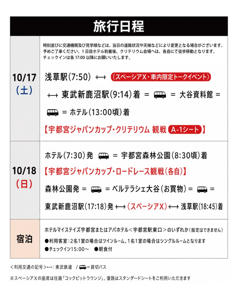 Japancup_ofc's tweet photo. 話題の『スペーシアX　コックピットラウンジ』で行く、１泊２日のプレミアム観戦ツアー！

予約殺到の話題の「スペーシアX・コックピットラウンジ」に乗車、さらに会場までの移動は「スペーシアX
NIKKO　CRUISER」を使用し、くつろぎながら楽々移動できます。

行きのスペーシアXコックピット車内では、豪華ゲスト大会の解説でもおなじみの栗村修さん、自転車YouTuberのあむちゃんによるトークショーも開催されます。
宇都宮市内を観光しながら２日間大会観戦を存分にお楽しみください。

・募集期間：2026年8月3日(月)～8月24日(月)
・募集人数：16名（最少催行人員12名）
・旅行代金：（おひとり様あたり／諸税込み）
　 ２名１室利用　148,000円
　 １名１室利用　151,000円

申し込み先：
https://t.co/3BlXCxlxHB

募集期間終了後に抽選を行い、当選者の方にのみ8月２８日までにご連絡いたします。

【旅行企画・実施／お申し込み・お問い合わせ】
東武トップツアーズ株式会社宇都宮支店
TEL：050-9001-8727
営業日・営業時間／平日9:30～17:30（休業日：土・日・祝日）

#utsunomiyajapancup
#宇都宮ジャパンカップ
#utsunomiya