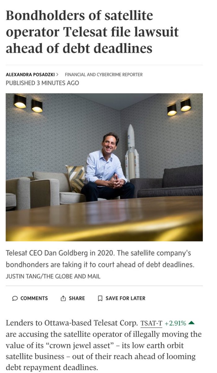 MBrant75's tweet photo. “Telesat has US$1.7-billion of debt maturing in December, with nearly US$450-million more coming due in 2027, according to a lawsuit filed Wednesday by a group of the company’s creditors in the Supreme Court of the State of New York.”

$1.7 billion+$450 million=

Anyone… https://t.co/rbITgYDzjh
