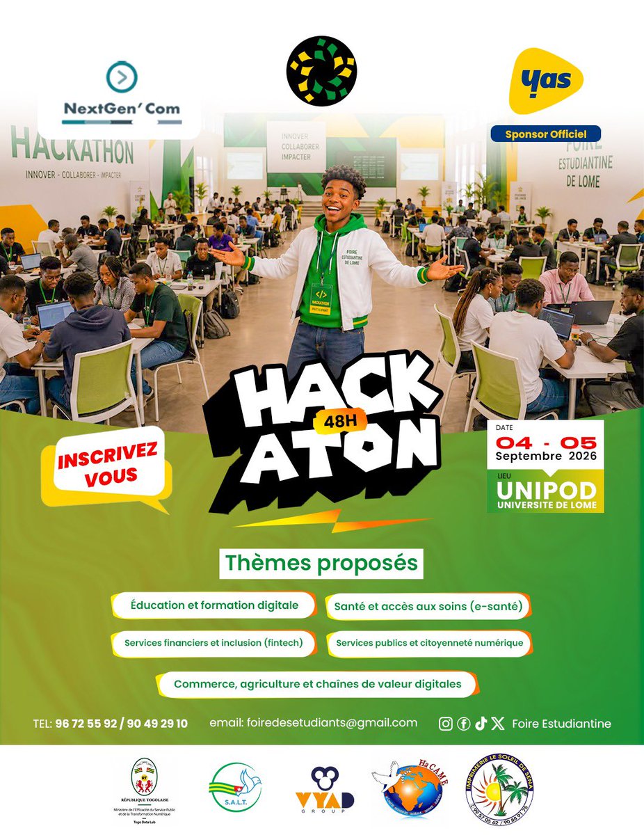 FoireEstudek's tweet photo. NE DIS PAS "J’AURAIS DÛ"... 
INSCRIS-TOI AU HACKATHON ! 

04-05 SEPT | UNIPOD LOMÉ
Innovation. Réseau. Lots. Prix à gagner.

INSCRIPTION : 96 72 55 92 #togo #Hackathon https://t.co/mQZfu2ZQ5Z
