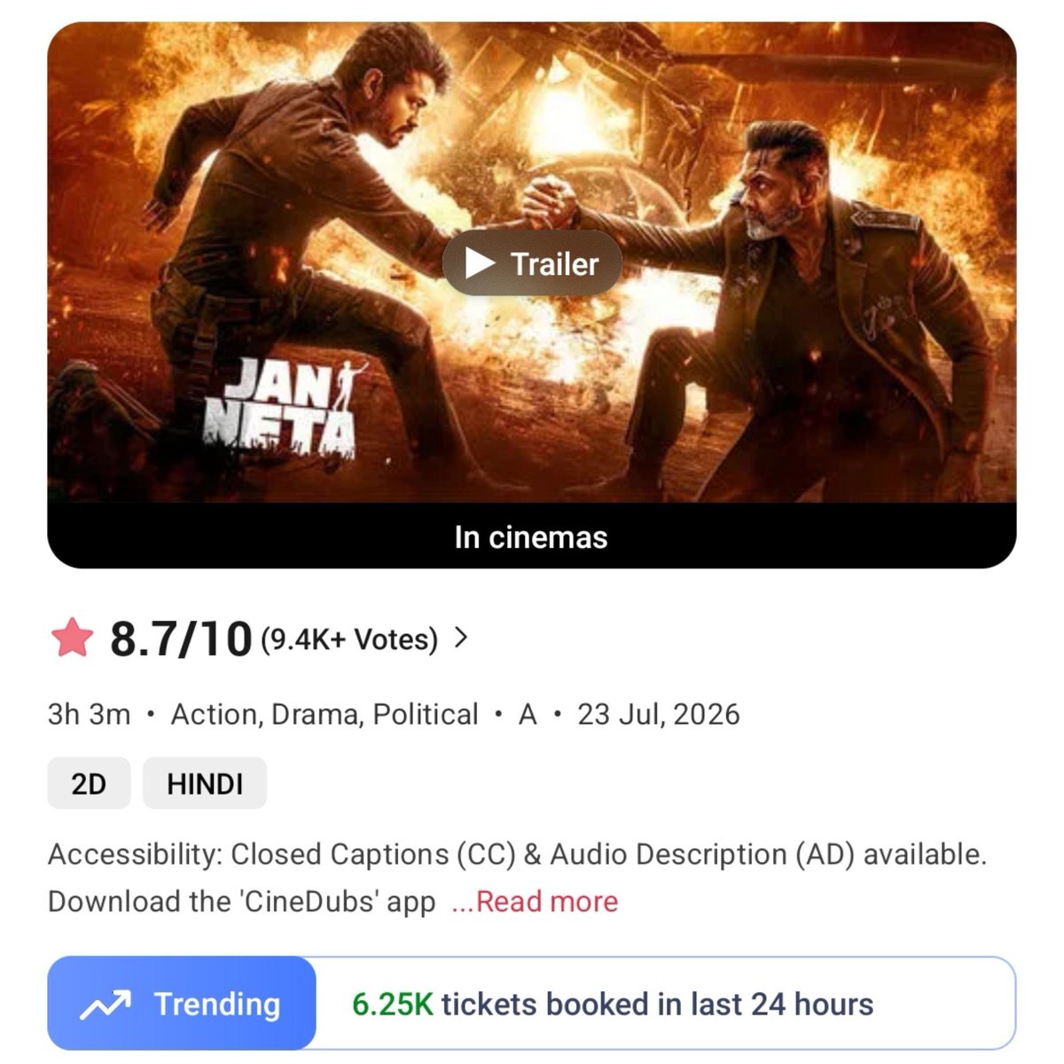 filmy_view's tweet photo. #JanaNayagan 
Tickets booked on BookMyShow 

Pre Sales- 1.18M
1st Ext. Week- 2.43M

2nd Fri- 123.92K
2nd Sat- 180.67K
2nd Sun- 141.99K
2nd Mon- 54.34K
2nd Tue- 32.42K
————————
Total- 41,47,610 https://t.co/7gmN85EzdY
