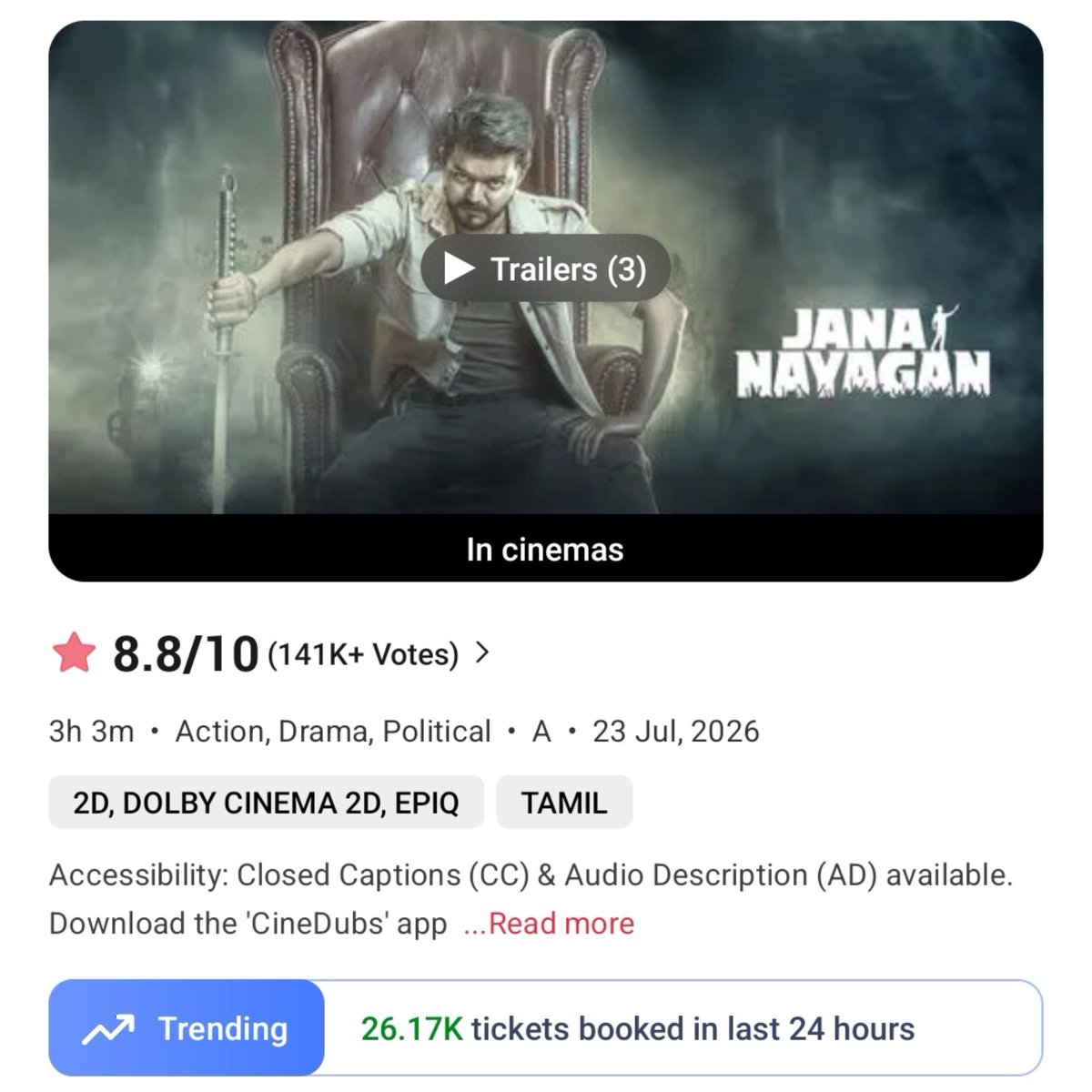 filmy_view's tweet photo. #JanaNayagan 
Tickets booked on BookMyShow 

Pre Sales- 1.18M
1st Ext. Week- 2.43M

2nd Fri- 123.92K
2nd Sat- 180.67K
2nd Sun- 141.99K
2nd Mon- 54.34K
2nd Tue- 32.42K
————————
Total- 41,47,610 https://t.co/7gmN85EzdY