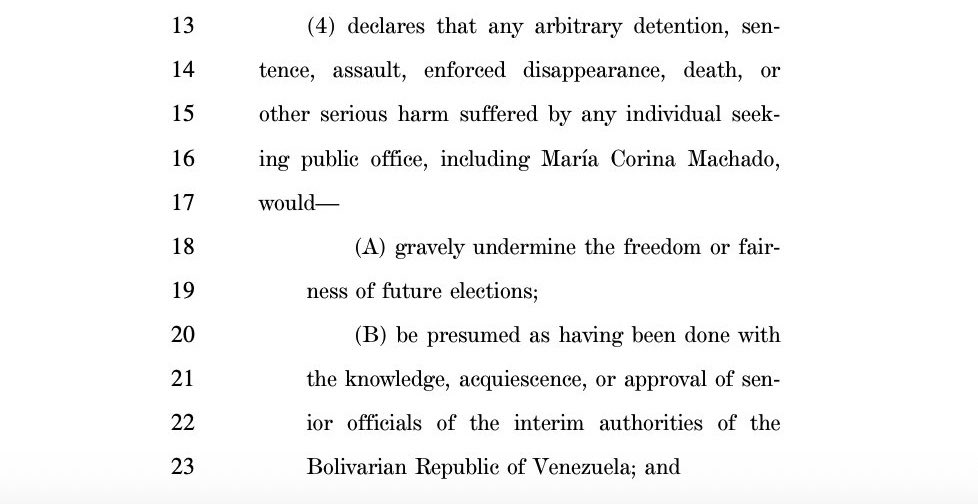 OrlvndoA's tweet photo. IMPORTANTE:

La resolución bipartidista del Senado de EEUU establece que socavar los derechos políticos de María Corina Machado acaba con la posibilidad de una transición real en Venezuela. https://t.co/hK2vMi1H40