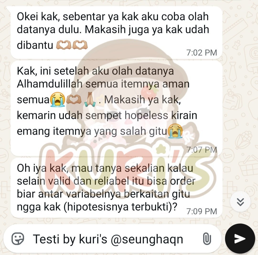 kewnzi's tweet photo. @ckhanwoo gasss kakak bisa ke akuu nih, nanti bisa req lolos uji validitas dan reliabilitas loh😉

pastinya sat sett diproses dan kalau kakak butuh in rush pun dikerjainnya gak asal-asalan. mau req juga? gass wa aja kakak 😍🫶 https://t.co/nrsiYeUDY3
