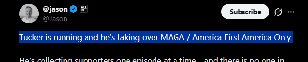spongeyxbt's tweet photo. Jason just posted about so maybe you guys realize it now, this is literally a fucking GIGA narrative.

TUCKER is running for PRESIDENT, he is announcing his party LIVE tmrw

Jason confirmed its "AFAO"

He is going to be Trumps competitor will be so viral
https://t.co/UdcErWjhEv https://t.co/7w7vXTCZJ8
