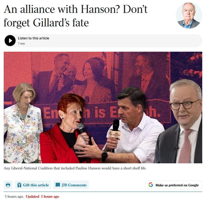 taipan168's tweet photo. This is correct. The Coalition should never consider a formal coalition or alliance with One Nation.

If they need to rely on One Nation for confidence and supply to form minority government, that is one thing, but an alliance would be the kiss of death.
https://t.co/YbUxexti0f https://t.co/k6jOxAheLq