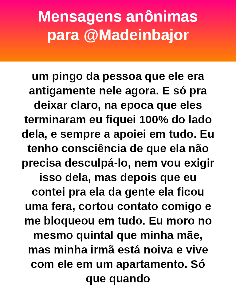 madeinbajor's tweet photo. #bajo44055
❤️
M34
Moça, sério, vc consegue se ler?
Vc não percebe o absurdo do que vc tá querendo?
O CARA BATEU NA SUA IRMÃ. 
E vc acha que tá tudo lindo namorar com ele. Vc pode namorar quem vc quiser, problema seu mas querer que a sua família bata palmas pra isso é absurdo. https://t.co/v6duHMlwmh