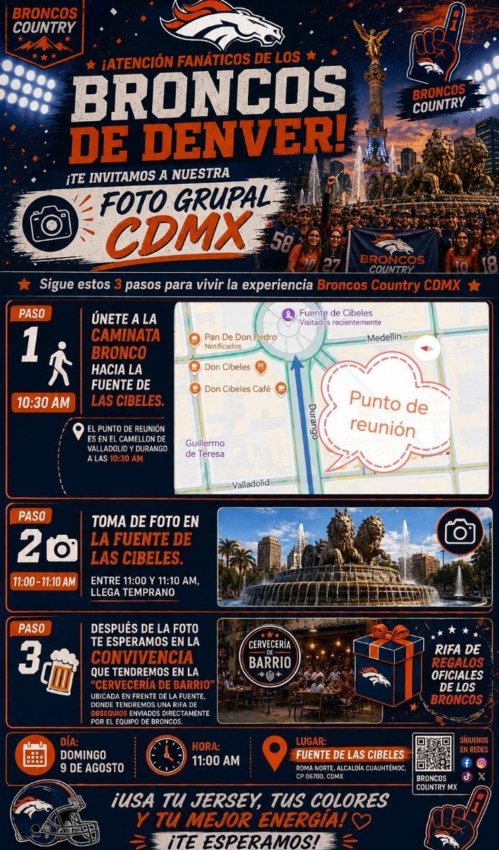 FanBroncosMx's tweet photo. 🚨🚨 ATENCIÓN FANS DE BRONCOS CDMX 
¿Ya listos para la foto anual este Domingo?
Les dejamos estos 3 pasos para que forman parte de esta gran experiencia.

1.- 10:30 AM: Únanse a la caminata Bronco hacia las Cibeles. La cita es en la esq. De Valladolid y Durango.

2.- 11:00 AM:  Estén listos para la foto, solo estaremos 10 minutos en la fuente, así que anticipen su llegada.

3.- 11:15 AM: los esperamos a todos en "La Cervecería de Barrio" ubicada en frente de la fuente para un convivio en donde haremos una rifa de regalos oficiales.

Por allá nos vemos!!!!! #MexicoEsBroncosCountry #BroncosMx