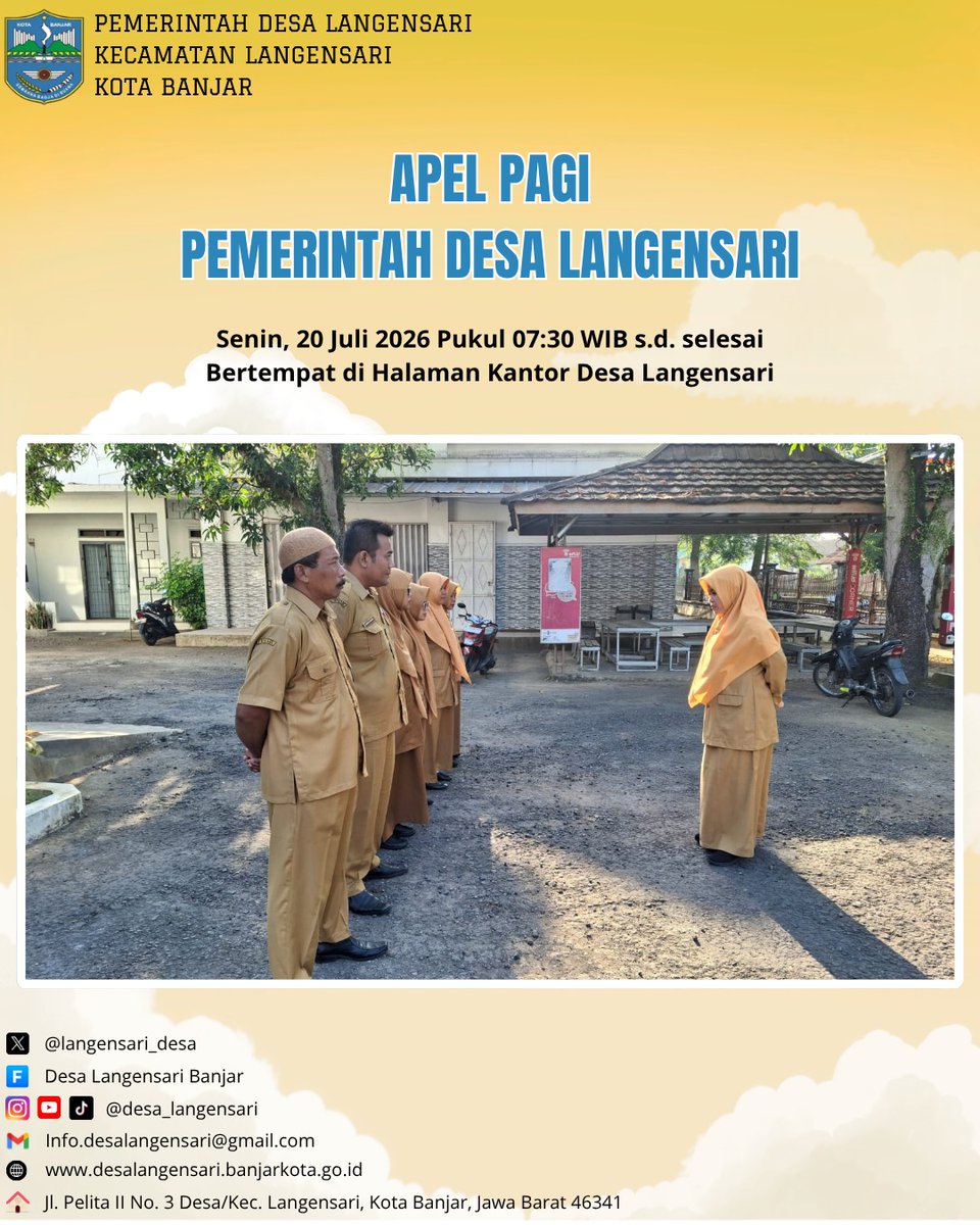 langensari_desa's tweet photo. Kegiatan Apel Pemerintah Desa Langensari yang dipimpin oleh Ibu Yanti (Kepala Desa Langensari) pada Hari Senin, 20 Juli 2026 Pukul 7.30 WIB bertempat di halaman Kantor Desa Langensari. https://t.co/sEEEXesvLW