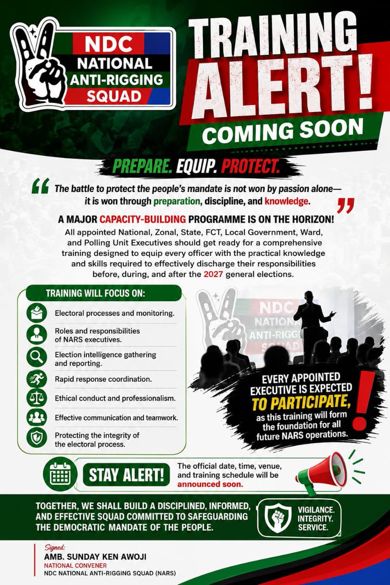 NDC_NARS's tweet photo. NOTICE!

The NDC National Anti-rigging Squad is inviting all well meaning Nigerians to a strategic training to prepare and equip both members and others who wish to monitor and gather facts and electoral evidence in the forthcoming general election. Stay tuned for more details. https://t.co/WxHceAOJB6