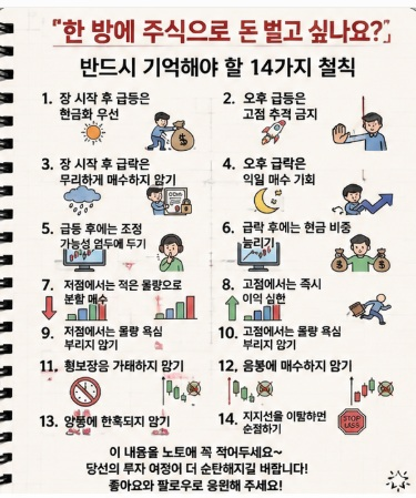 eeung33445's tweet photo. 주식 초보자들이 꼭 기억해야 할 매매 원칙:
① 아침에 급락하면 매수하고, 아침에 급등하면 매도한다.
② 오후 급등은 추격 매수하지 말고, 오후 급락은 다음 날 매수 기회를 본다.
③ 아침 급락에 손절하지 말고, 오르지도 내리지도 않으면 기다린다.
④ 급등하지 않으면 매도하지 말고, 급락하지 않으면 매수하지 않는다. 횡보 구간에서는 거래하지 않는다.
⑤ 음봉에서 사고 양봉에서 사지 말며, 양봉에서 팔고 음봉에서는 팔지 않는다.
⑥ 시장과 반대로 움직일 줄 아는 사람이 진정한 투자자다.
⑦ 고점·저점 구간에서 횡보하면 조금 더 기다린다.
⑧ 고점에서 횡보 후 다시 급등할 때는 기회를 잡아 빠르게 대응한
절대 고점 추격 매수하지 않는 것, 이것이 저의 원칙입니다.
저점 종목, 상승 전환 종목, 그리고 강한 종목의 눌림목 구간에 집중하는 매매 전략으로
앞으로 강하게 상승할 가능성이 있는 종목을 선별합니다.
좋아요와 팔로우 후 DM으로 【1】을 보내주세요.
우량주 자료를 보내드리고, 보유 종목 분석을 도와드리겠습니다.