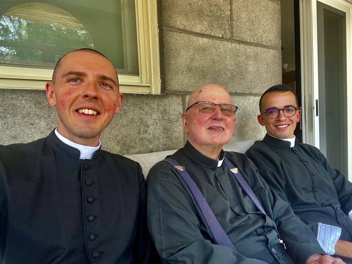 archterentius's tweet photo. Clerical coffee &amp; conversation at the St Clement’s FSSP rectory of an summer afternoon with Fr Stephen Helferty (left—priest of Pembroke home from biblical studies in Rome) and Fr Manuel P Sousa FSSP still claiming title as youngest priest in @ottawacornwall @jesuitsofcanada https://t.co/o1CJxwRZ7x