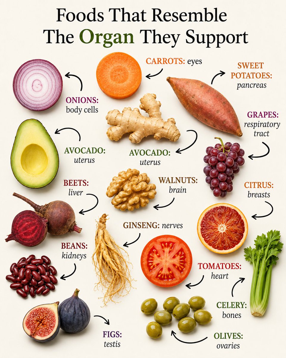 BarbaraOneillAU's tweet photo. ✅ Kidney Beans → Kidneys
Packed with potassium, magnesium, and fiber, kidney beans help regulate blood pressure and support kidney function. They also provide heart-healthy protein, antioxidants, and key nutrients like zinc, iron, and manganese.

✅ Sweet Potatoes → Pancreas
Rich in fiber and complex carbs, sweet potatoes aid blood sugar regulation, easing the pancreas’s workload. They also deliver beta carotene (vitamin A), potassium, and B6.

✅ Carrots → Eyes
Carrots, resembling an eye’s iris, are loaded with vitamin A, C, E, lutein, and zeaxanthin, all crucial for eye health, reducing inflammation, and preventing vision loss.

✅ Avocados → Reproductive System
Full of healthy fats and folic acid, avocados support fertility and fetal brain development. They also provide fiber, potassium, and vitamins C, E, K, and B.

✅ Walnuts → Brain
Omega-3s in walnuts boost brain function, lower LDL cholesterol, promote gut health, and reduce stroke risk.

✅ Tomatoes → Heart
Lycopene in tomatoes fights inflammation, lowers heart disease risk, and protects skin from UV damage. They also provide iron, potassium, fiber, and key vitamins.