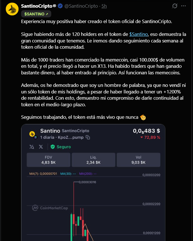 SecretoDefi's tweet photo. No quería dar visibilidad a esto hasta que el token muriese 

Esta persona es un impresentable que no debería tener nada de visibilidad tras lo que yo podría decir cómo la gota que colma el vaso

No hace falta decir nombres ni hablar del token, simplemente muestro la clara evidencia de una estafa más de esta persona

Por favor, si eres nuevo en este sector, nunca compres ningún token de ningún 'influencer' ya que el destino de todas ellas es 0 porque carecen de utilidad

Para evitar que puedan seguir extrayendo liquidez de nuevas personas, lo mejor que podéis hacer es dejar notas de comunidad en los posts, silenciar o bloquead el perfil e incluso, reportad el perfil

Los que llevamos mucho tiempo aquí ya conocemos el historial así que me os ánimo a hacer eso, ignorad toda la información que comparta porque simplemente manipulará la situación para seguir haciendo lo que sabe haer

Eso es todo lo que tenía que decir sobre esto, ya sabéis que nunca me meto en nada pero no puedo evitar repugnar públicamente personajes así

Por si aún queda alguna duda, el token no ha llegado ni bondear desde Pumpfun (pedazo de comunidad que tiene y presume) y ahora mismo tiene $6000 de MC

Nada más que añadir