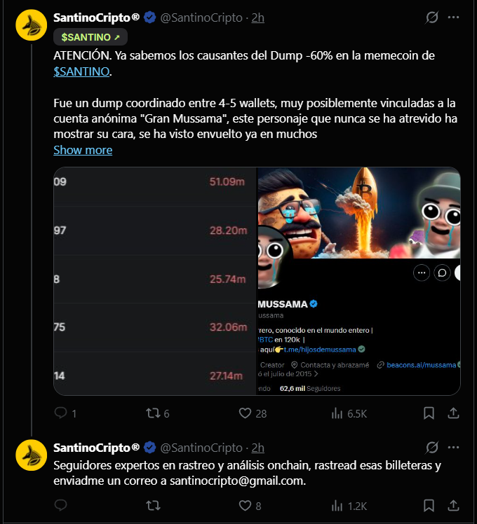 SecretoDefi's tweet photo. No quería dar visibilidad a esto hasta que el token muriese 

Esta persona es un impresentable que no debería tener nada de visibilidad tras lo que yo podría decir cómo la gota que colma el vaso

No hace falta decir nombres ni hablar del token, simplemente muestro la clara evidencia de una estafa más de esta persona

Por favor, si eres nuevo en este sector, nunca compres ningún token de ningún 'influencer' ya que el destino de todas ellas es 0 porque carecen de utilidad

Para evitar que puedan seguir extrayendo liquidez de nuevas personas, lo mejor que podéis hacer es dejar notas de comunidad en los posts, silenciar o bloquead el perfil e incluso, reportad el perfil

Los que llevamos mucho tiempo aquí ya conocemos el historial así que me os ánimo a hacer eso, ignorad toda la información que comparta porque simplemente manipulará la situación para seguir haciendo lo que sabe haer

Eso es todo lo que tenía que decir sobre esto, ya sabéis que nunca me meto en nada pero no puedo evitar repugnar públicamente personajes así

Por si aún queda alguna duda, el token no ha llegado ni bondear desde Pumpfun (pedazo de comunidad que tiene y presume) y ahora mismo tiene $6000 de MC

Nada más que añadir
