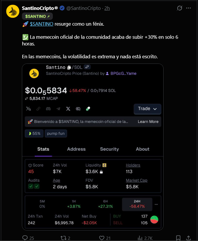 SecretoDefi's tweet photo. No quería dar visibilidad a esto hasta que el token muriese 

Esta persona es un impresentable que no debería tener nada de visibilidad tras lo que yo podría decir cómo la gota que colma el vaso

No hace falta decir nombres ni hablar del token, simplemente muestro la clara evidencia de una estafa más de esta persona

Por favor, si eres nuevo en este sector, nunca compres ningún token de ningún 'influencer' ya que el destino de todas ellas es 0 porque carecen de utilidad

Para evitar que puedan seguir extrayendo liquidez de nuevas personas, lo mejor que podéis hacer es dejar notas de comunidad en los posts, silenciar o bloquead el perfil e incluso, reportad el perfil

Los que llevamos mucho tiempo aquí ya conocemos el historial así que me os ánimo a hacer eso, ignorad toda la información que comparta porque simplemente manipulará la situación para seguir haciendo lo que sabe haer

Eso es todo lo que tenía que decir sobre esto, ya sabéis que nunca me meto en nada pero no puedo evitar repugnar públicamente personajes así

Por si aún queda alguna duda, el token no ha llegado ni bondear desde Pumpfun (pedazo de comunidad que tiene y presume) y ahora mismo tiene $6000 de MC

Nada más que añadir