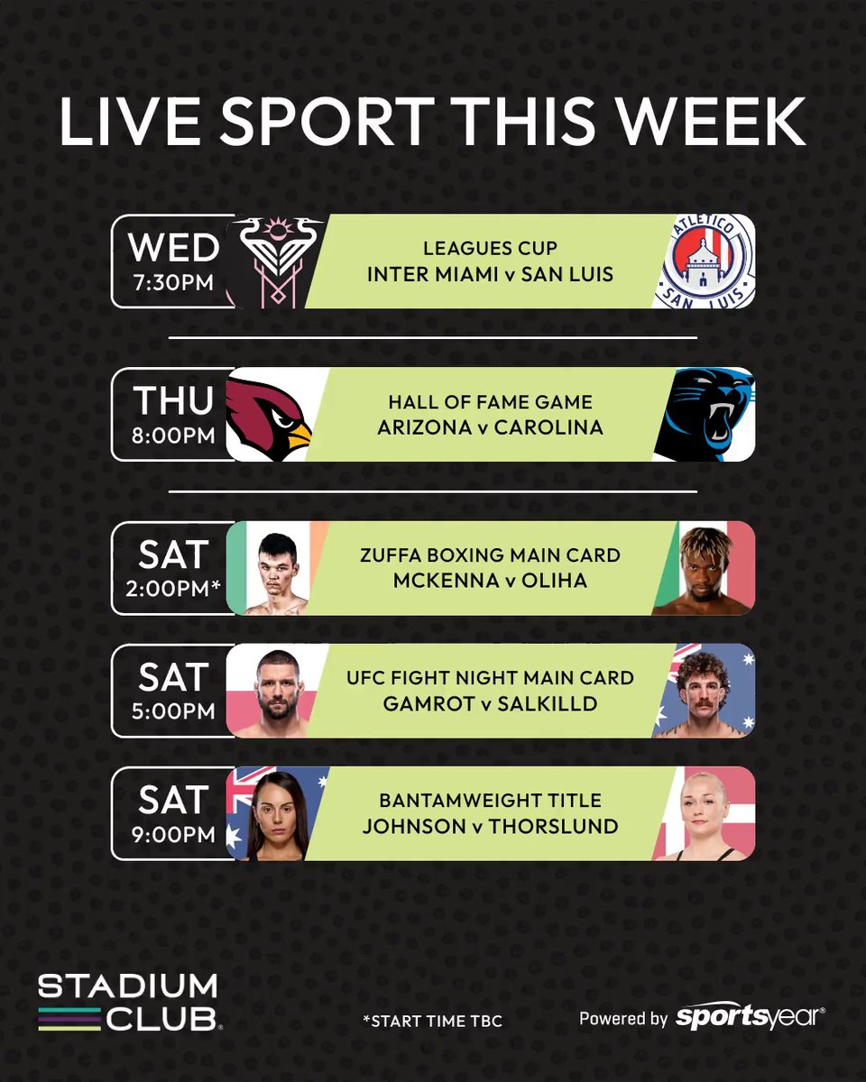 StadiumClubOrl's tweet photo. Your game plan for the week starts here. 🍻

Don’t miss Inter Miami, the NFL Hall of Fame Game, UFC Fight Night, championship boxing, and more—all under one roof.

Grab your crew and join us at Stadium Club. https://t.co/kTvMUoDDbn