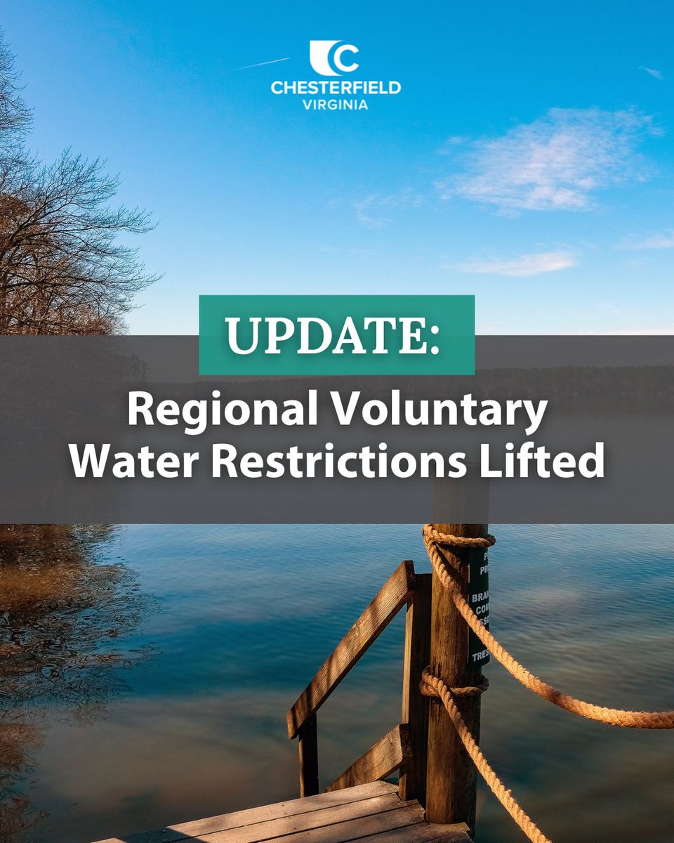 ChesterfieldVa's tweet photo. 💧 Regional voluntary water restrictions have been lifted. Recent rainfall has improved conditions in the James River watershed, allowing Chesterfield and its regional partners to end voluntary water conservation measures that began July 1. Learn more: https://t.co/Y81tnTRofX https://t.co/7QP1ivH2JV