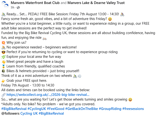 Stag_RosePPG's tweet photo. #FREE support to help you cycle at @ManversLake and Manvers Lake &amp; Dearne Valley Trust @TeamManvers 

#BigBikeRevival #biking #cycling #cyclingtips

Book here https://t.co/cxMRXq3o7Q https://t.co/r5QtyoMGB4
